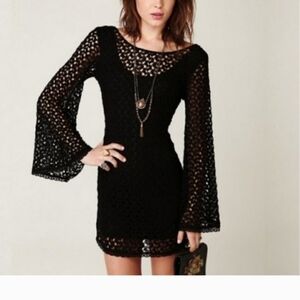Free People Lined Crochected Dress With Bell Sleeves